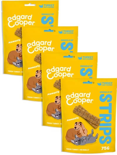 Edgard & Cooper Natural Dog Treats - Kalkoen & Kip Snuggle Up Strips - (4 x 75g), Graanvrij, Vers vlees met hoog eiwitgehalte, vol essentiële aminozuren