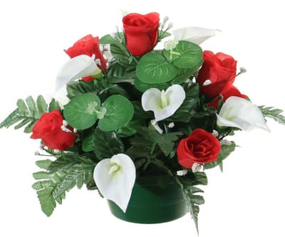 Louis Maes Kunstbloemen plantje in pot - wit/rood - 26 cm - Bloemstuk ornament - rozen met bladgroen