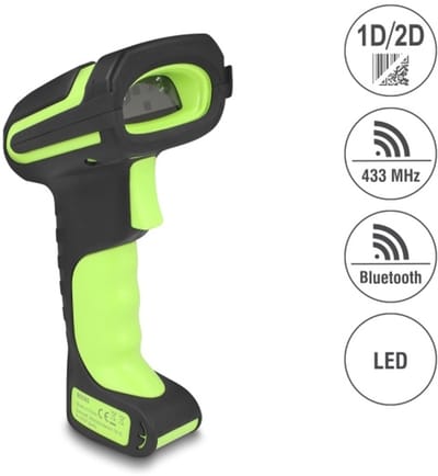Delock Industrial Barcode Scanner 1D and 2D for 433 MHz or Bluetooth with inductive charging station and long distance reading up to max. 6.5 m