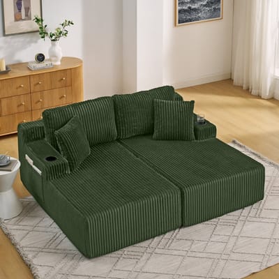 Slaapbank 2 persoons - 2-Zits Relaxbank - Slaapbank - Lounge Sofa - Zachte Corduroy Bekleding - Bekerhouder - Zijvak voor Tijdschriften - Inclusief Kussens - Multifunctioneel - Groen