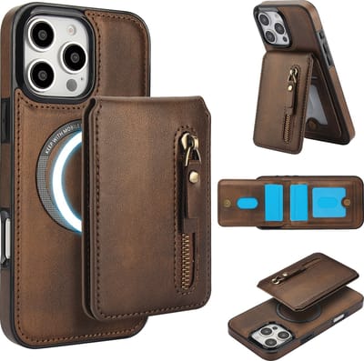 Stravo Leather Hoesje Case – Wallet Leer & Leren Cover – Geschikt voor iPhone 16 pro – Leren Leather Portemonneehoes met Kaarthouder – 2-in-1 Afneembare PU Leren Flip Case met RFID-bescherming, Kickstand, MagSafe – Bruin
