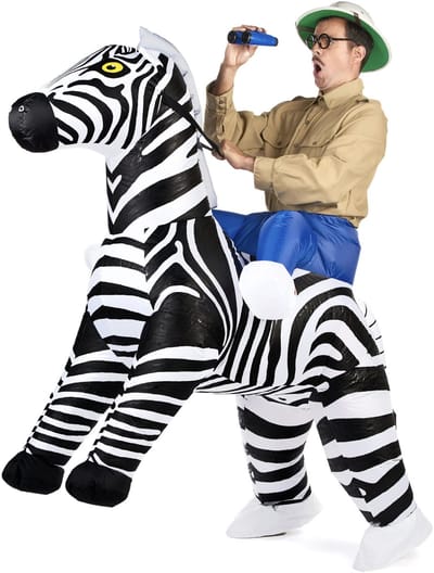 KIMU® Opblaas Kostuum Rijdend op Zebra - Opblaasbaar Pak - Zebrapak Mascotte Opblaaspak - Opblaasbare Zebra Safari Afrika Paard Dames Heren Festival