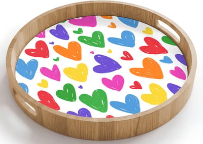 Dienblad rond 40x40 cm - Schootdienblad hout - Hartjes - Patroon - Kleurrijk - Borrelplank rechthoek - Plateau houten dienbladen