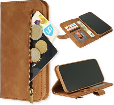 Casemania Hoesje Geschikt voor Apple iPhone 14 - Sienna Brown - Luxe Kunstlederen Portemonnee Book Case met Rits