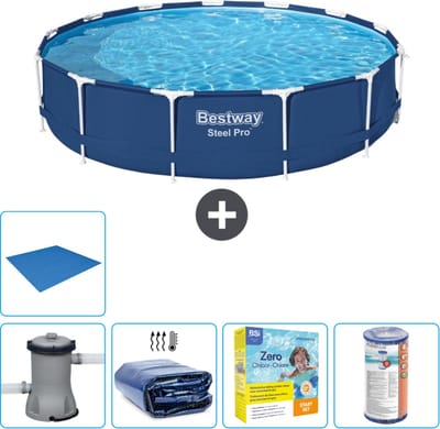 Bestway Rond Steel Pro Zwembad - 396 x 84 cm - Blauw - Inclusief Pomp Solarzeil - Onderhoudspakket - Filter - Grondzeil