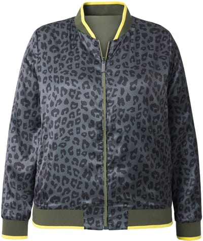 Ulla Popken - Dames - Omkeerbare blouson effen/luipaardmotief collegekraag - Olijfgrijs - Maat 42+