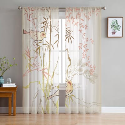 Bamboe Vogeltak Sheergordijn in Nationale Stijl Voor Slaapkamer Tule Voile Gordijn Voor Keuken Woonkamer Decor Raambekleding 135W x 114H(cm) white