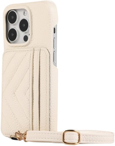 Modieuze crossbody telefoonhoes – geschikt voor Apple iPhone 16 – stijlvol & functioneel hoesje met kaarthouder en draagkoord - Wit