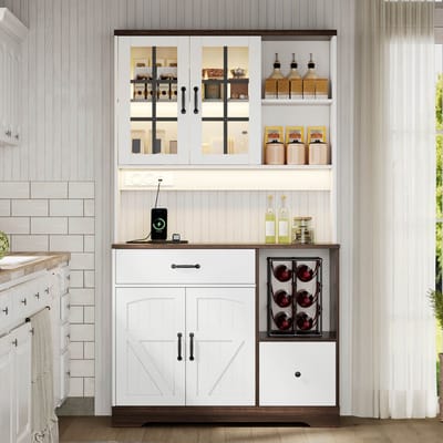 MODFU - Keukenkast - Verstelbare Planken En Lades - Landelijke Stijl - Voor Keuken Of Eetkamer - MDF - Naturel En Wit - 105 x 40 x 185 cm