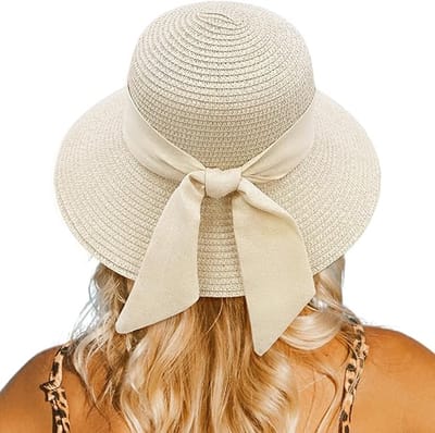 VHV - Zonnehoed Dames - Beige Strandhoed met Kinband - Opvouwbare Brede Rand Hoed voor Vakantie