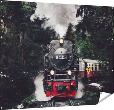Gards Tuinposter Locomotief in de Bossen met Stoom Wolken - 150x120 cm - Tuindoek - Tuindecoratie - Wanddecoratie buiten - Tuinschilderij