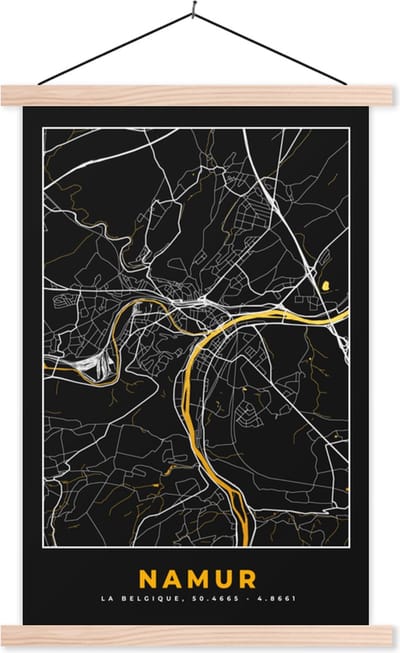Posterhanger incl. Poster 40x60 cm - Schoolplaat - Namur - Goud - Kaart - Stadskaart - Plattegrond - Textielposter - Blanke latten - Stadskaart