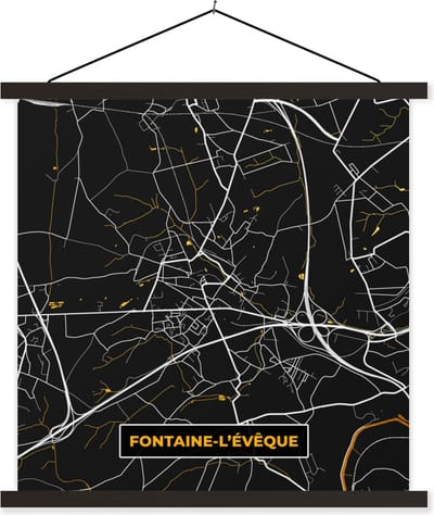 Posterhanger incl. Poster 60x60 cm - Schoolplaat - Fontaine-L'Évêque - Plattegrond - Goud - Kaart - Stadskaart - Textielposter - Zwarte latten - Stadskaart