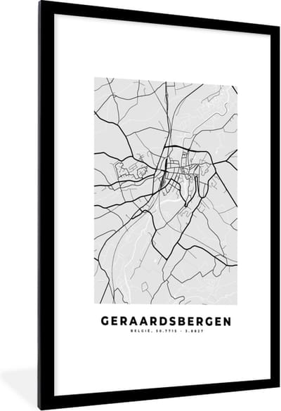 Fotolijst incl. Poster Zwart Wit- Stadskaart – Zwart Wit - Kaart – Geraardsbergen – België – Plattegrond - 60x90 cm - Posterlijst