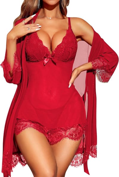 Dames nachtjapon set - Rode kanten babydoll met strik - Maat M