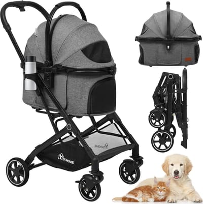 Opvouwbare 3-in-1 kattenwandelwagen - Grijs - Afneembare draagmand - Bekerhouder - Autostoeltje Hondenbuggy