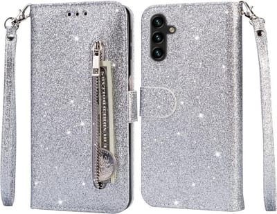 Portemonnee Hoesje - Wallet Case - Rits Sparkly Glitter - Telefoonhoes met Kord Geschikt voor: Samsung Galaxy A34 4G & 5G - Zilver