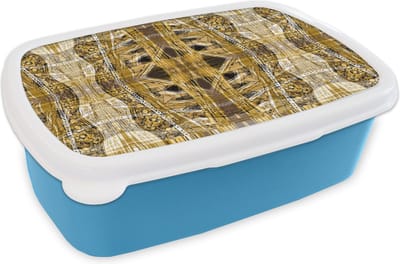 Broodtrommel Blauw - Lunchbox - Brooddoos - Goud - Afrika - Patronen - Dieren - 18x12x6 cm - Kinderen - Jongen