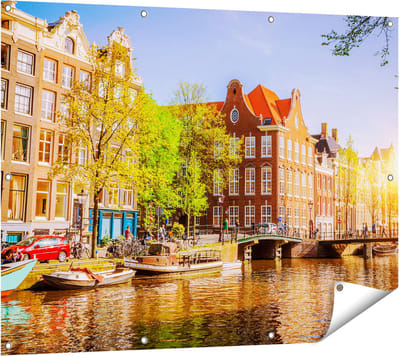 Gards Tuinposter Amsterdamse Gracht tijdens Zonsondergang - 120x90 cm - Tuindoek - Tuindecoratie - Wanddecoratie buiten - Tuinschilderij