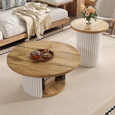 Koffietafel - dubbele ronde tafel - bijzettafel met natuurlijk houten blad - multifunctionele salontafel