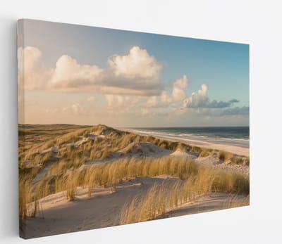 Saammp - Canvas Schilderij - Strand - Helmgras - Zee - 45x30 - Foto op canvas - Wanddecoratie - muurdecoratie Woonkamer - Slaapkamer decoratie - Canvas Print