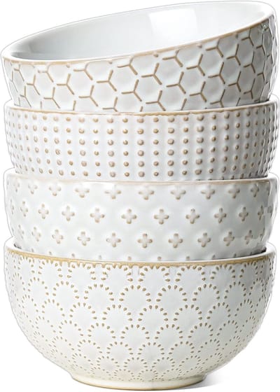 Graankommen set van 4, kom, 770 ml, 15 cm, extra grote keramische slakom voor muesli, soepen, soep, cornflakes, pap, aardewerk servies met reliëf in vintage stijl, arctisch wit