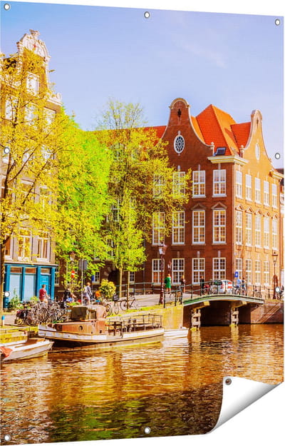 Gards Tuinposter Amsterdamse Gracht tijdens Zonsondergang - 90x120 cm - Tuindoek - Tuindecoratie - Wanddecoratie buiten - Tuinschilderij