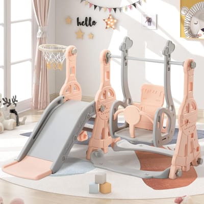 Kinderglijbaan 4-in-1 - Speeltoestel Peuters - Buiten Spelen - Met Schommel Basketbal - 140x118x82 cm - Roze