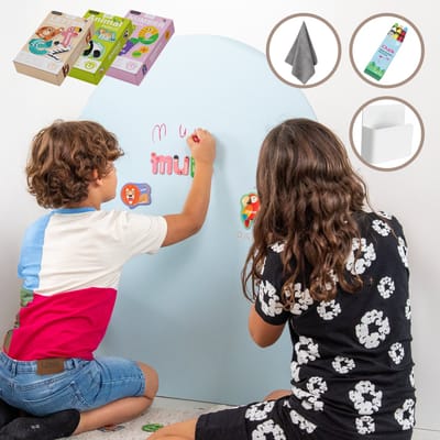 Elissio® Magneticoo Magnetische Muursticker 100x80 cm - Magneetsticker met krijtbordfunctie - Ijsblauw - Magneetbord voor Kinderkamer - Boogvorm - Inclusief Magnetische accessoires