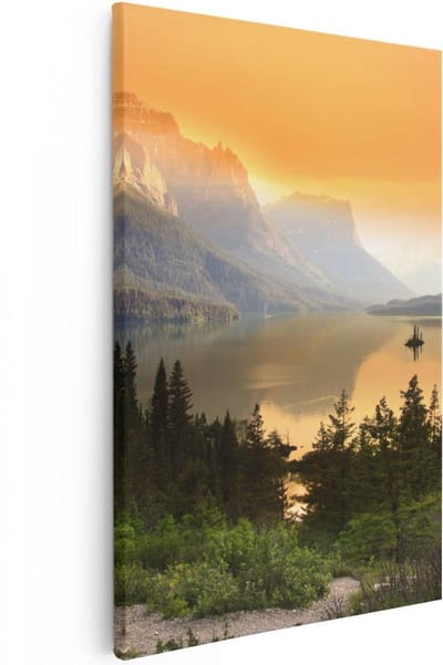 Artaza Canvas Schilderij Zonsondergang - 20x30 cm - Klein - Wanddecoratie Bergen - Muurdecoratie Bos - Schilderij Landschap - Kamer Accessoires