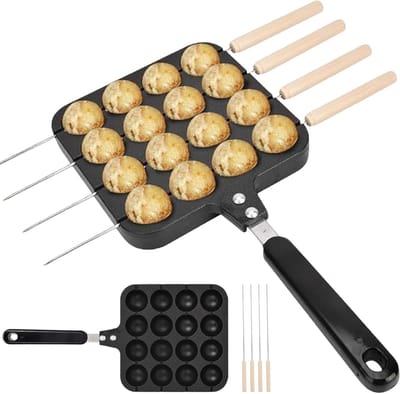 Takoyaki Pan - Poffertjespan Snack Pan - Snacks Maken - 16 Gaten Ontwerp - 33 x 16.5 cm - Zwart