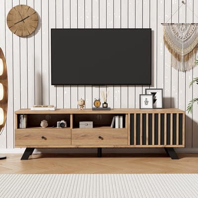 Pugsdrly TV-meubel 150*38*44 cm, klein TV-meubel, TV-meubel met 2 lades, laag meubel met kast, breedte 150 cm, geschikt voor 60 inch tv's, woonkamermeubel in houtkleur