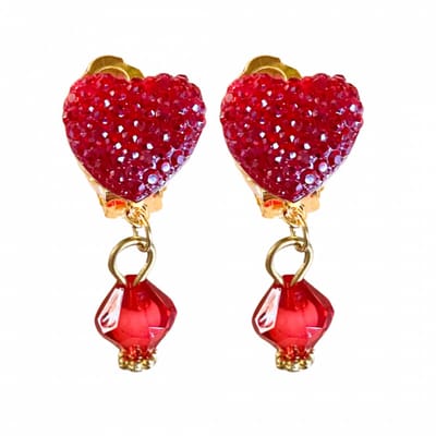 Clip oorbellen -rood- hart- lang- goudkleurig- geen gaatje- Charme Bijoux
