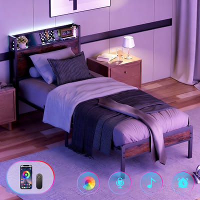 KUTAS Eenpersoonsbed 90x200 cm - Jongerenbed - Jeugdbed - Heavy Duty Metalen Bedframe - Met LED Verlichting - Stopcontacten - USB Poorten - Type C - Hoofdbord met Opbergruimte