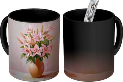 Magische Mok - Foto op Warmte Mokken - Koffiemok - Vaas - Bloemen - Roze - Magic Mok - Beker - 350 ML - Theemok