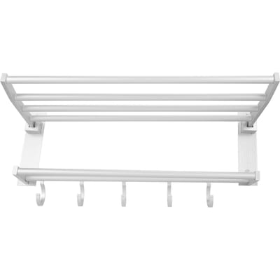 Étagère de douche pliable en aluminium de 40 cm, porte-serviettes et porte-manteaux avec 5 crochets, couleur argent white
