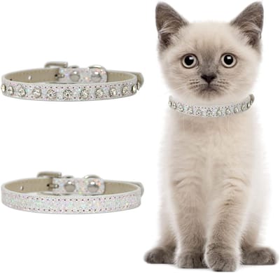 SnelShoppen - 2 Stuks Leer Rhinestone Kattenhalsband met Bel - Veilig en Verstelbaar - Bling Halsband voor Kleine Honden en Katten - Zilver
