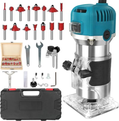Bovenfrees 800 W met 12 freesbits en koffer – 6,35 mm spantang, compacte kantenfrees met instelbare freesdiepte voor houtbewerking