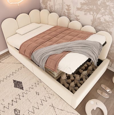 MEUNIQ Bedbank 90x190 cm met hydraulische opbergruimte, metalen lattenbodem, velours bekleding, eenpersoons kinderbed voor kinderkamer of logeerkamer, beige