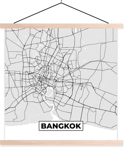 Posterhanger incl. Poster 40x40 cm - Schoolplaat - Bangkok - Stadskaart - Plattegrond - Zwart Wit - Kaart - Textielposter - Blanke latten - Stadskaart