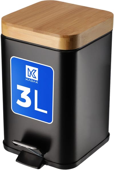 KADAX Afvalemmer van gepoedercoat staal, 3 liter, emmer met bak en voetpedaal, afvalemmer met softclosemechanisme, vuilnisemmer met bamboedeksel (zwart)