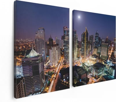 Artaza Canvas Schilderij Tweeluik Makati Stad Skyline in de Nacht in Thailand  - 120x80 - Foto Op Canvas - Canvas Print