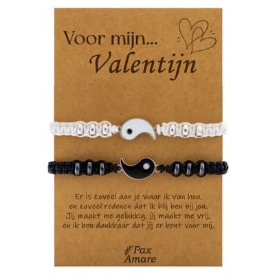 Koppel Armbandjes voor 2 "Voor mijn Valentijn" - Yin Yang - BFF Armbandjes met Cadeau Kaartje - Zwart & Zilverkleurig - Elastisch Verstelbaar - Pax Amare