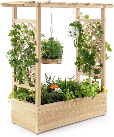 COSTWAY Verhoogd bloembed met rankrooster en hangend dak, plantenbak met klimhulp, bloembak voor klimplanten en hangende manden, voor tuin, binnenplaats, terras, plantenbak van hout, naturel