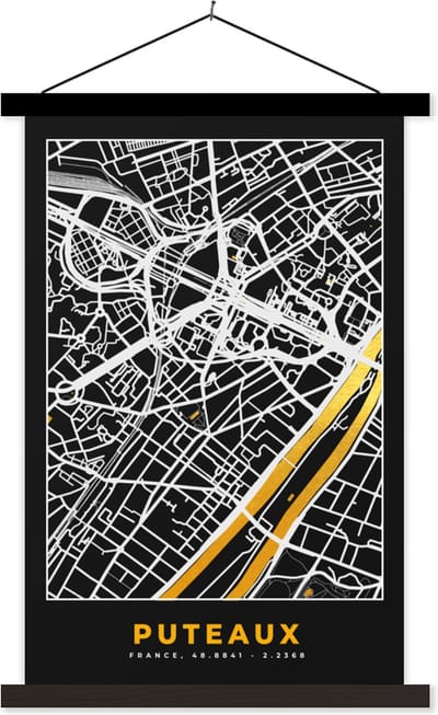 Posterhanger incl. Poster 40x60 cm - Schoolplaat - Kaart - Stadskaart - Plattegrond - Puteaux - Frankrijk - Textielposter - Zwarte latten - Stadskaart