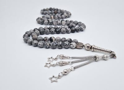 Handgemaakte tesbih "Tasbih" natuursteen "Map Jaspe" - Aantal kralen 99 - Diameter kralen 8MM - met metaal tassel "Kleine sterren" - Een mooi cadeau-idee