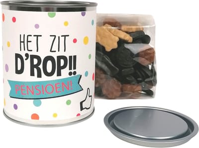Pensioen cadeau - "Het zit d'rop" - Pensioen - cadeaublik gevuld met drop