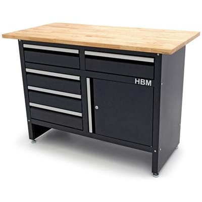 HBM werkbank 120 cm met 5 laden en deur, massief houten werkblad, zwart