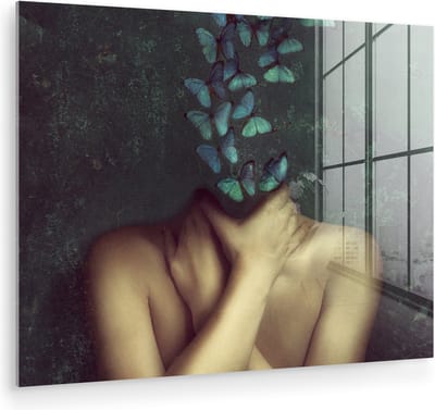 MuchoWow® Glasschilderij 80x60 cm - Schilderij acrylglas - Torso - Stilleven - Vlinders - Blauw - Foto op glas - Muurdecoratie woonkamer - Wanddecoratie slaapkamer - Schilderijen