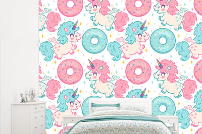 Behang - Fotobehang Eenhoorn - Donut - Baby - Breedte 315 cm x hoogte 260 cm